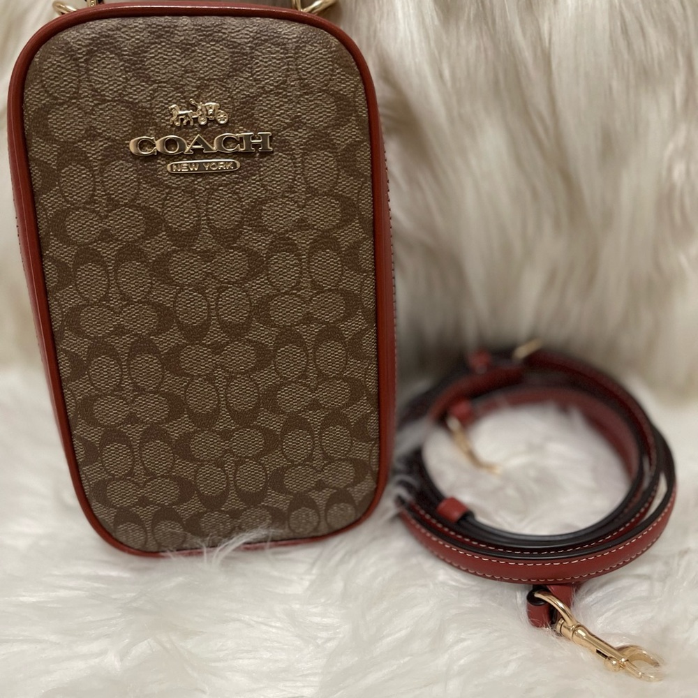 Coach Gold/Khaki/Terracotta Monogram Eva Phone Crossbody Bag